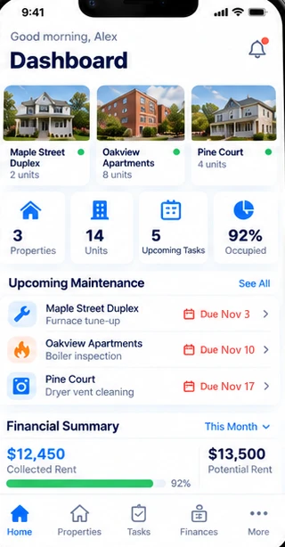 Dashboard showing properties, upcoming maintenance, and a financial summary
